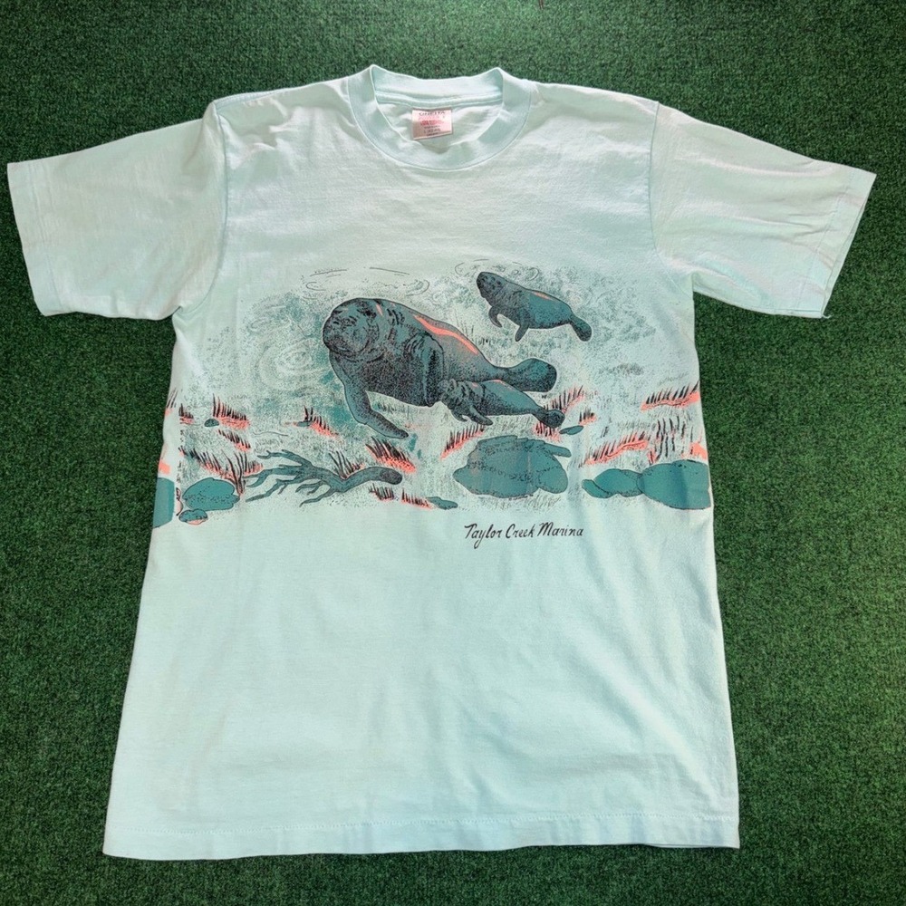 Vintage Oneita Power-T Manatee Graphic T-Shirt Taylor Creek Marina USA Large
